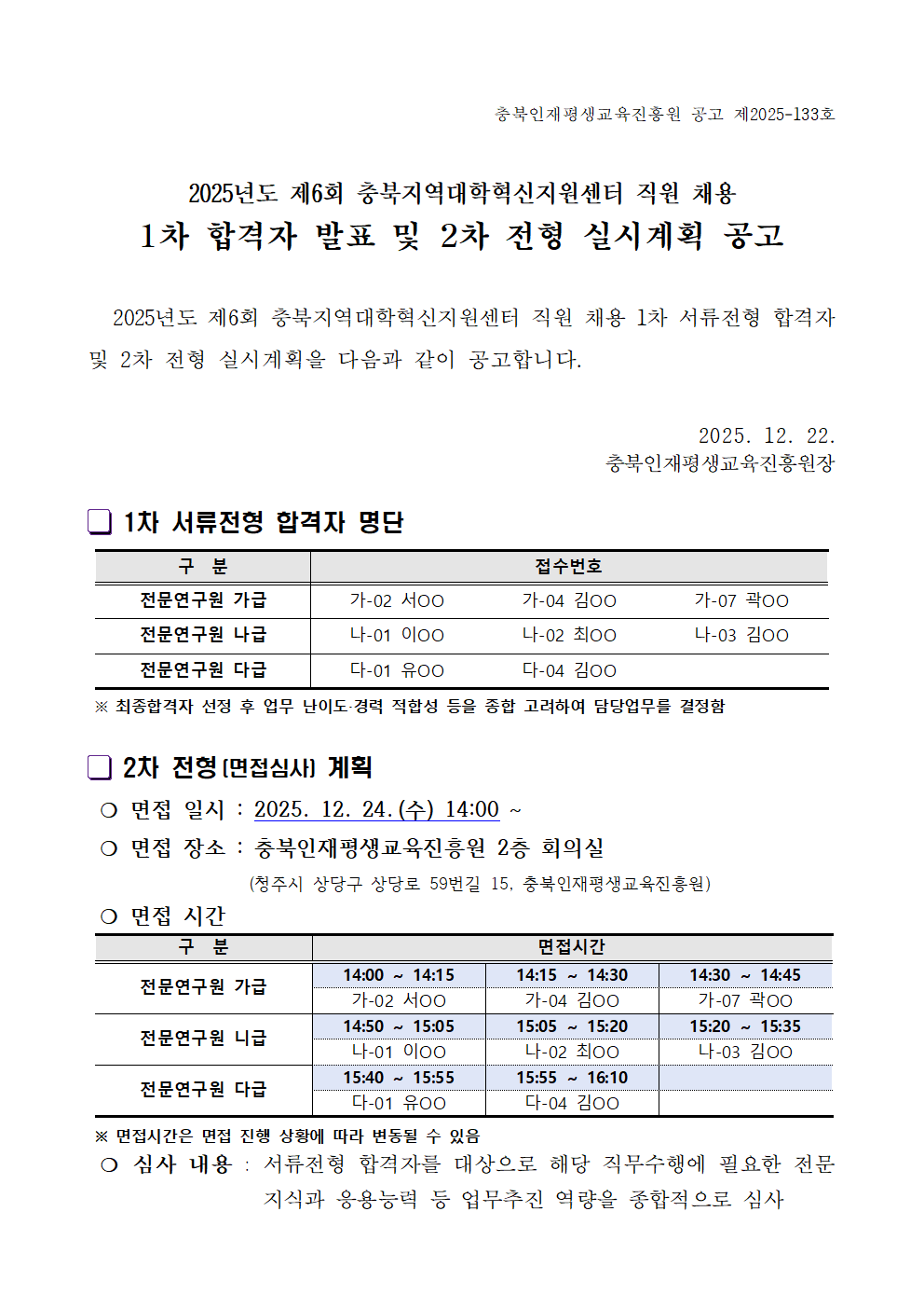 2025년 제6회 충북지역대학혁신지원센터 직원 채용 1차 합격자 발표 및 2차전형 실시계획 공고 이미지1