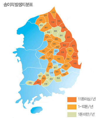송이의발생지분포, 11톤이상/년, 1~10톤/년, 1톤미만/년