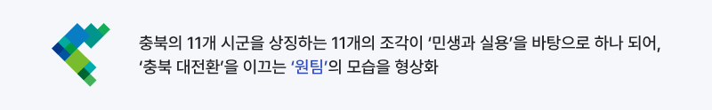 충북의 11개 시군을 상징하는 11개의 조각이 ‘민생과 실용’을 바탕으로 하나 되어, ‘충북 대전환’을 이끄는 원팀의 모습을 형상화