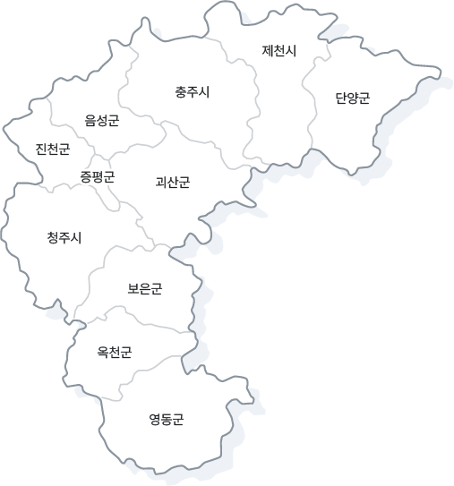 충청북도 지도 - 단양군, 제천시, 충주시, 괴산군, 음성군, 진천군, 증평군, 청주시, 보은군, 옥천군, 영동군 - 자세한 내용은 하단 대체텍스트 참조