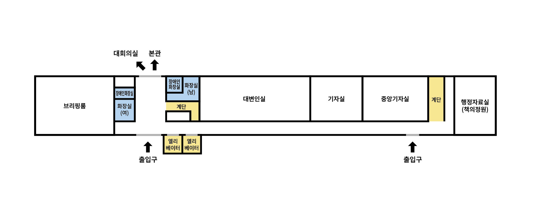 1층에는 건물 좌측을 기준으로 문서고, 계단, 중앙기자실, 기자회견장, 기자실, 대변인, 대변인실, 계단, 화장실, 화장실, 계단, 중소기업 우수제품 전시판매장이 있습니다.