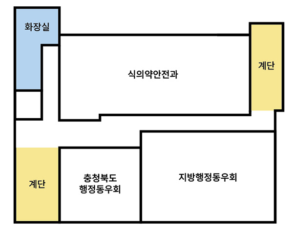 2층에는 건물 좌측을 기준으로 화장실, 식의약안정과, 계단, 지방행정동우회, 충청북도행정동우회, 계단이 있습니다.